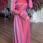 A-Line Long Sleeves Pleated Solid Color Tied Waist Zipper Round-Neck Maxi Dresses