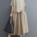 Loose Short Sleeves Pleated Solid Color Split-Joint V-Neck Midi Dresses