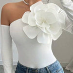 Long Sleeves Skinny Solid Color Three-Dimensional Flower One-Shoulder T-Shirts Tops