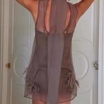 Playful Charm Sheer Chiffon Embellished Feather Back Bow H-line Mini Dress