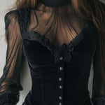 Gothic Lace Trim Black Velvet Corset Blouse With Sheer Sleeves