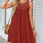 A-Line Loose Hollow Pleated Solid Color Split-Joint Round-Neck Mini Dresses