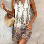 A-Line Loose Hollow Printed U-Neck Mini Dresses