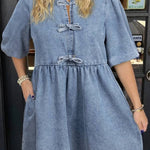 Dusk Blue Bowknot Puff Sleeve Denim Dress