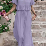 Casual loose solid color short-sleeved wide-leg pants two-piece set
