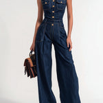 Retro Sleek Sleeveless Dark Denim Wide Leg Jumpsuit