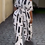 Half Sleeves Loose Printed Striped Tied Waist One-Shoulder Jumpsuits