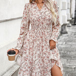 A-Line Long Sleeves Elasticity Flower Print V-Neck Midi Dresses