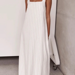 Simple and Stunning Linen Blend Pinstripe Detail Square Neck A-line Maxi Dress