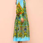 High Waisted Loose Puff Sleeves Belted Floral Printed Lapel Midi Dresses