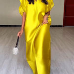 Half Sleeves Loose Elasticity Pleated Solid Color Split-Front V-Neck Maxi Dresses