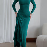 Bodycon High Waisted Asymmetric Pleated Ruffled Solid Color Split-Joint Round-Neck Maxi Dresses