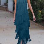 Loose Sleeveless Asymmetric Solid Color Split-Joint Tasseled One-Shoulder Maxi Dresses