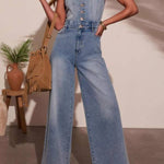 Washed Blue V-Neck Button Front Sleeveless Wide Leg Denim Jumpsuit
