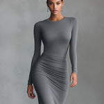 Women's Grey Elegant Stretch - Polyester-Cotton Blend Ruched Open - Back Maxi Dress
