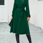 A-Line Long Sleeves Buttoned Solid Color Tied Waist Asymmetric Collar Midi Dresses