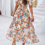 A-Line Elasticated Waist Contrast Color Flower Print Pleated Split-Joint V-Neck Maxi Dresses