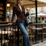Elasticated Waist Flared Sleeves Buttoned Pleated Ruffled Solid Color Split-Joint Deep V-Neck Blouses&Shirts Tops