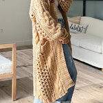 Knit Cable Cotout Long Sleeve Pocket Oversized Midi Cardigan