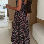 Floral Print Square Neck Pleated Back Midi Dress