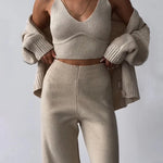 🔥(Limited 2 Days & Lowest Price) Chic V-neck Knitted Three-piece Set Crop Vest and Sweater Cardigan & Solid Wide Leg Pants