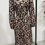 Elasticated Waist High Waisted Contrast Color Leopard Pleated Split-Joint V-Neck Maxi Dresses