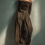 Women's Fashionable And Sexy Dark Brown Off-the-shoulder Long-sleeved Fitted Top Paired With Matching Wide-leg Trousers