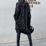 Irregularity Long Sleeves Asymmetric Mesh Pockets See-Through Solid Color Split-Joint Tasseled Stand Collar Midi Dresses