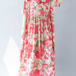A-line Batwing Sleeves Flower Print Pleated Split-Joint Round-neck Midi Dresses