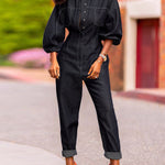 Puff Sleeves Split-Joint Round-Neck Jumpsuits
