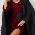 Long Sleeves Pleated Ruffled Solid Color Split-Joint Round-Neck Maxi Dresses