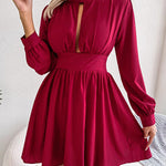 A-Line Elasticated Waist Hollow Solid Color Zipper Half Turtleneck Mini Dresses
