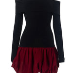 High Waisted Long Sleeves Contrast Color Pleated Split-Joint Off-The-Shoulder Mini Dresses