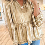 Velvet Frill V Neck Puff Sleeve Babydoll Blouse