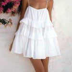 A-Line High Waisted Backless Layered Pleated Solid Color Spaghetti-Neck Mini Dresses