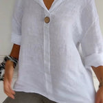 V-neck cotton and linen button top