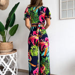 Floral Print V Neck Short Sleeves Crop Top Elastic Waist Wide Leg Pants Set