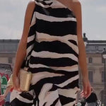 Loose Sleeveless Asymmetric Zebra-Stripe One-Shoulder Vest Top