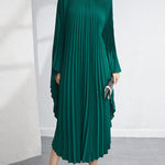 Urban Flared Batwing Sleeves Pleated Solid Color Round-Neck Midi Dresses