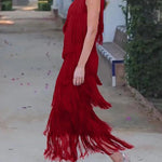 Loose Sleeveless Asymmetric Solid Color Split-Joint Tasseled One-Shoulder Maxi Dresses