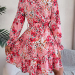 A-Line High Waisted Elasticity Flower Print Pleated Tied Waist Stand Collar Mini Dresses