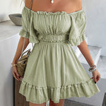A-line High Waisted Elasticity Pleated Ruffle Trim Solid Color Square-neck Mini Dresses