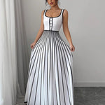 A-Line Sleeveless Contrast Color Pleated Split-Joint Striped Spaghetti-Neck Maxi Dresses