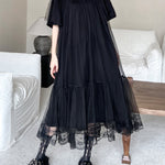 Fake Two-Piece Loose Gauze Pleated Solid Color Split-Joint Tiered Round-Neck Midi Dresses