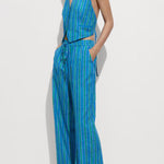 Linen Blend Striped Button Halter Backless Vest and Elastic Waist Pocket Pants Set