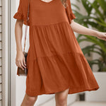 A-Line Flared Sleeves Pleated Pockets Ruffled Solid Color Split-Joint Round-Neck Mini Dresses