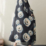 Loose Three-quarter Sleeves Buttoned Flower Print Stand Collar Midi Dresses