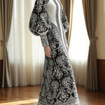 A-Line Long Sleeves Contrast Color Flower Print High Neck Maxi Dresses