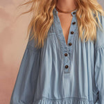 Elegant Western Loose V-neck Front Button Ruffled Hem Light Blue Denim Mini Dress