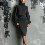 Women's Charcoal Chic Knit Turtleneck Oversized Knit Midi Dress